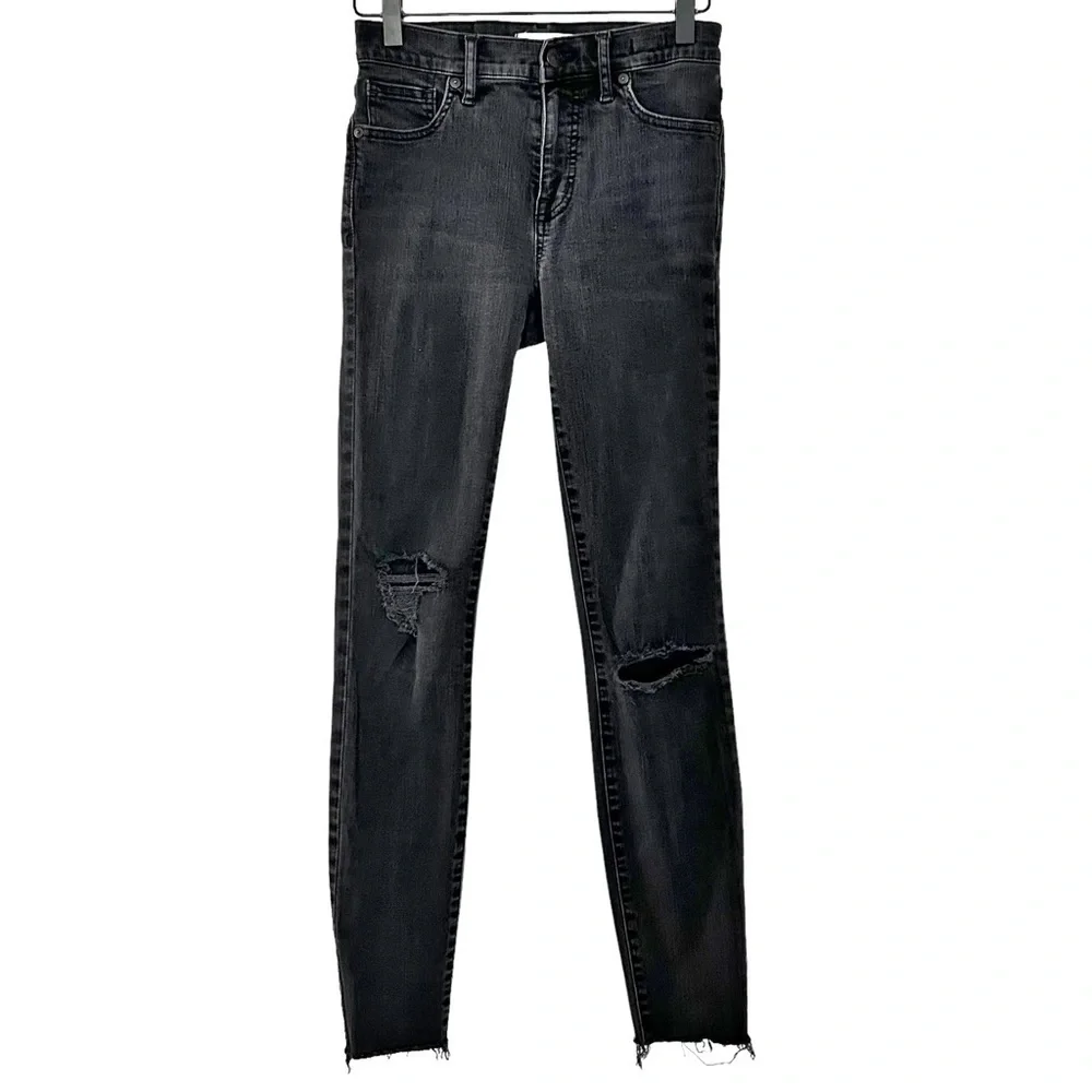 Madewell 9'' Mid-Rise Skinny‎ Ripped Knee Denim Jeans Black Sea Wash Women SZ 25